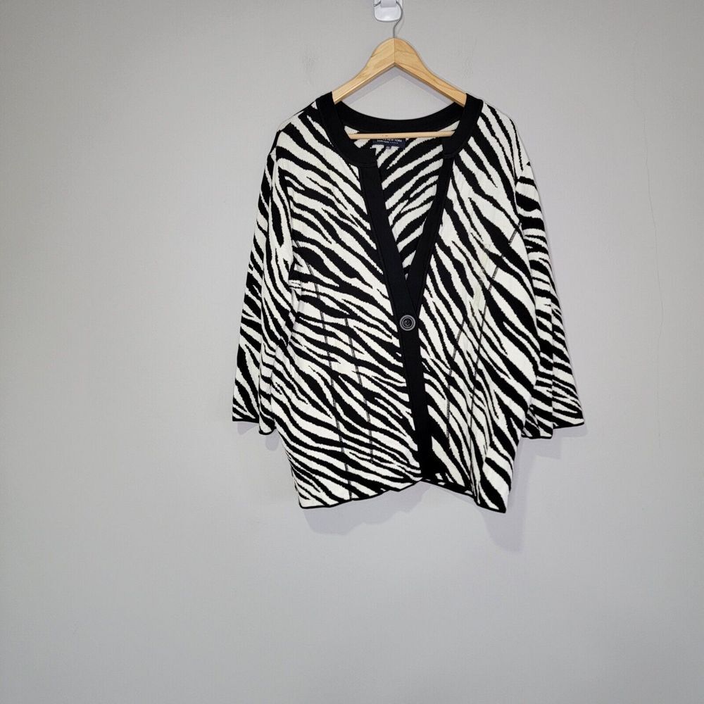 Jones New York Women's Zebra Print Sweater Cardigan 3X One Button Black White
